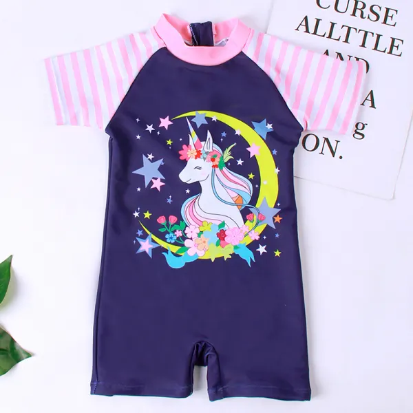 【18M-5Y】Girls Sweet Navy Blue Unicorn Swimsuit - Popopiestyle.com 