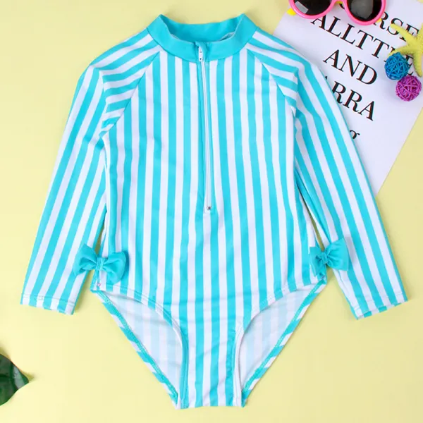 【18M-5Y】Girl Sweet Blue Striped Swimsuit - Popopiestyle.com 