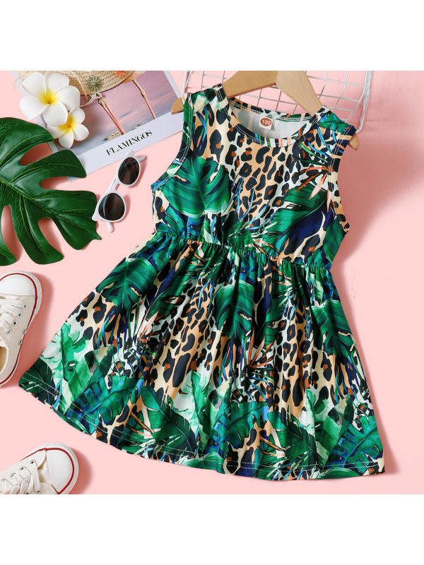 【18M-7Y】Sweet Plant and Leopard Print Sleeveless Dress