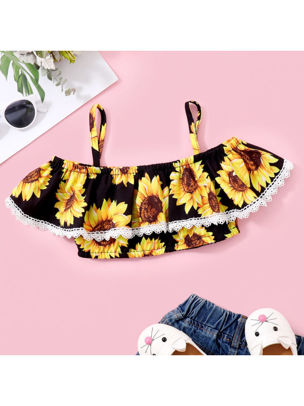 【18M-7Y】Sweet Sunflower Print Ruffled Off The Shoulder Top