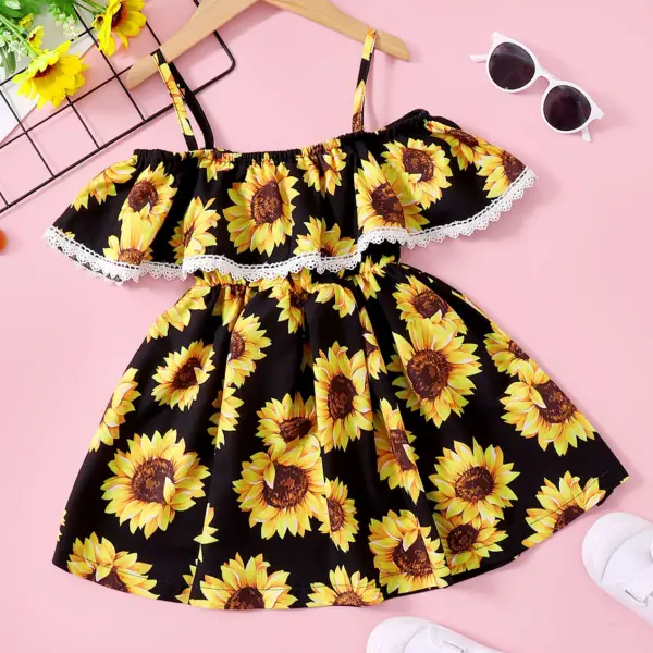 【18M-7Y】Sweet Sunflower Print Ruffled Off The Shoulder Dress - Popopiestyle.com 