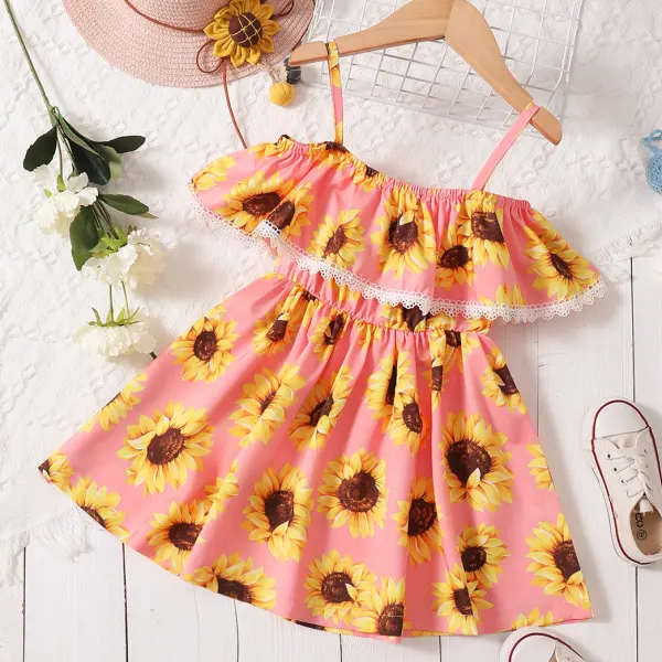 【18M-7Y】Sweet Sunflower Print Ruffled Off The Shoulder Dress - Popopiestyle.com 