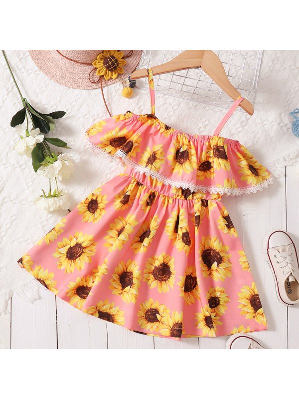 【18M-7Y】Sweet Sunflower Print Ruffled Off The Shoulder Dress