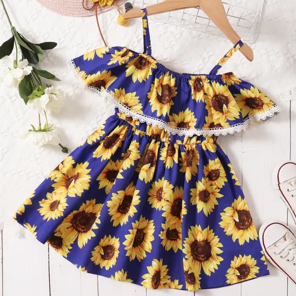 【18M-7Y】Sweet Sunflower Print Ruffled Off The Shoulder Dress - Popopiestyle.com 