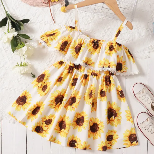 【18M-7Y】Sweet Sunflower Print Ruffled Off The Shoulder Dress - Popopiestyle.com 