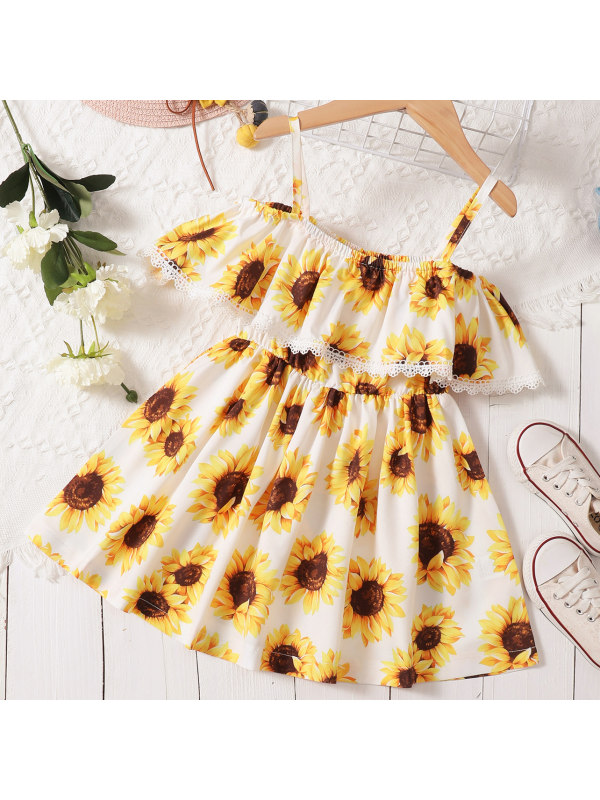 【18M-7Y】Sweet Sunflower Print Ruffled Off The Shoulder Dress