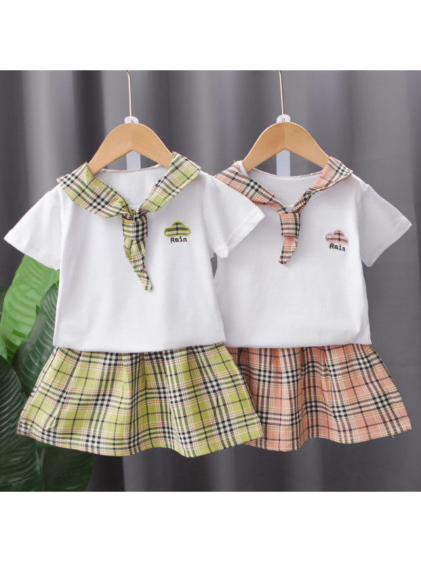 【12M-4Y】Girl Sweet Short Sleeve T-shirt Plaid Skirt Set