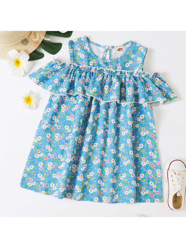 【18M-7Y】Sweet Blue Flower Print Ruffle Dress