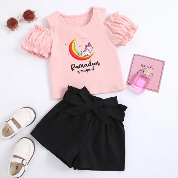 【18M-7Y】Cute Cartoon Unicorn Pink T-shirt and Black Shorts Set - Popopiestyle.com 