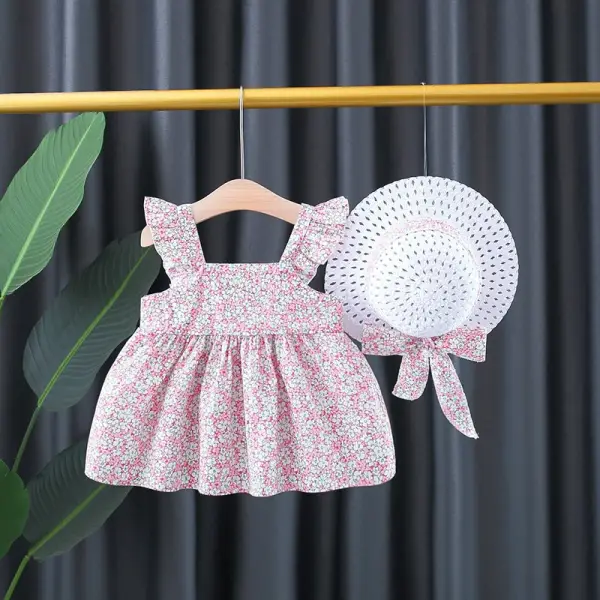 【12M-4Y】Girls Floral Flying Sleeve Dress Back Small Wings Dress With Hat - Popopiestyle.com 