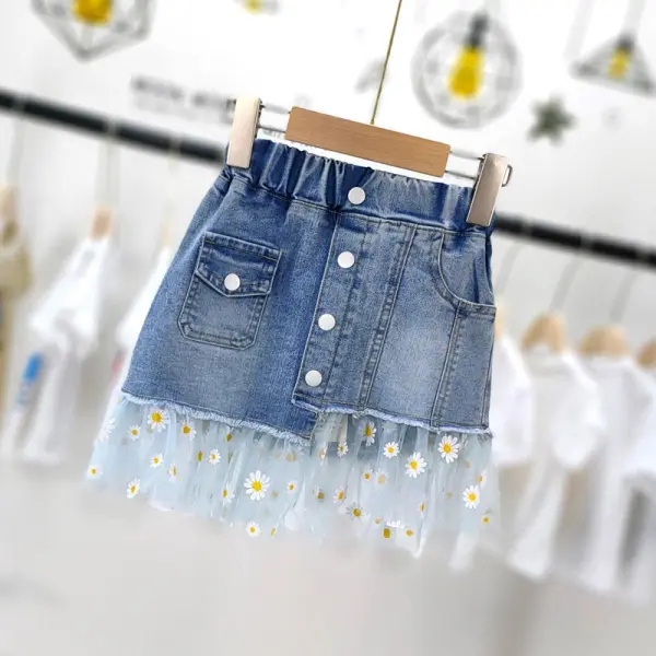 【3Y-13Y】Girls Daisy Mesh Skirt Stitching Denim Skirt - Popopiestyle.com 