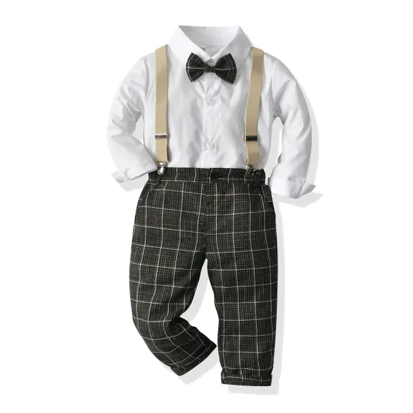 【12M-9Y】Boys' Bow Tie Long-sleeved Shirt Plaid Bib Dress Suit - Popopiestyle.com 