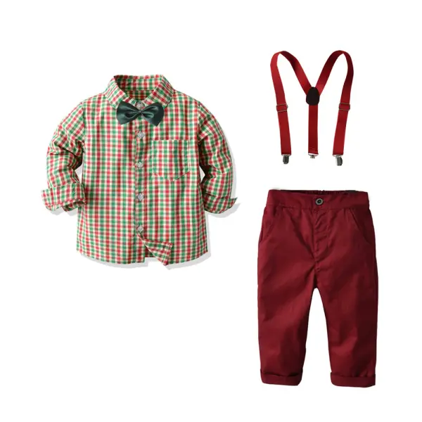 【12M-7Y】Boys' Plaid Shirt Overalls Gentleman Outfit - Popopiestyle.com 