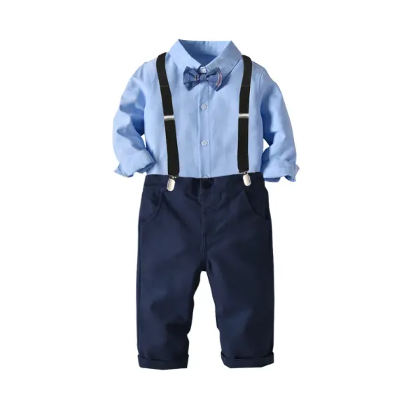 【18M-7Y】 Boy's Long-sleeved Blue Shirt And Bow Tie Suspenders Trousers Suit, Four-piece Suit For Gentleman Outing - Popopiestyle.com 