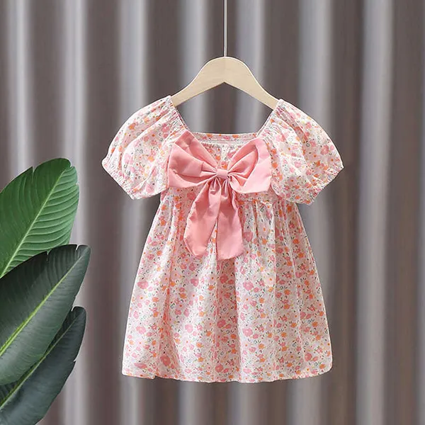 【18M-9Y】Girls Floral Puff Sleeve Bowknot Dress - Popopiestyle.com 