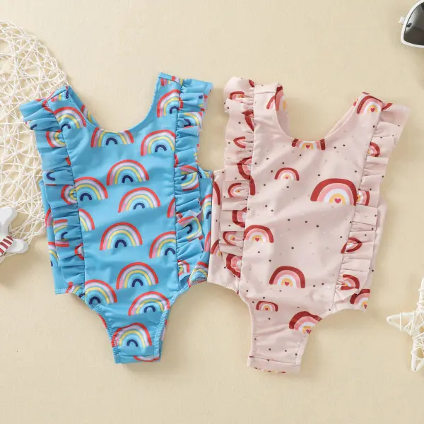 【6M-4Y】Girls Sweet Cute Rainbow Print Ruffled One-piece Swimsuit - Popopiestyle.com 