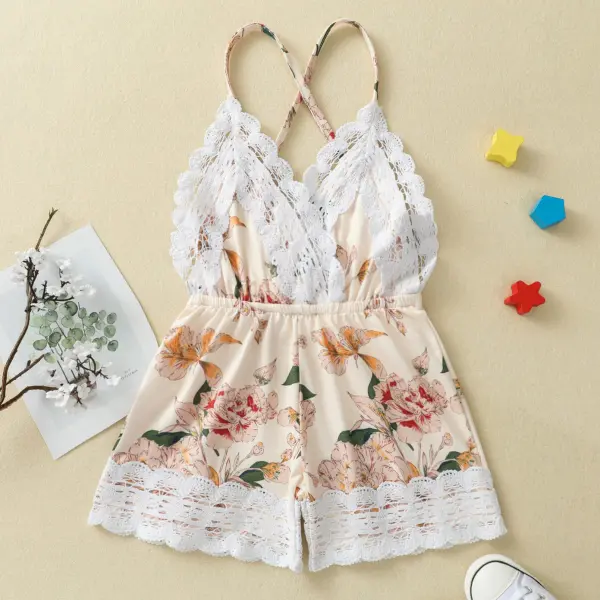 【18M-7Y】Sweet Lace and Flower Print Jumpsuit - Popopiestyle.com 