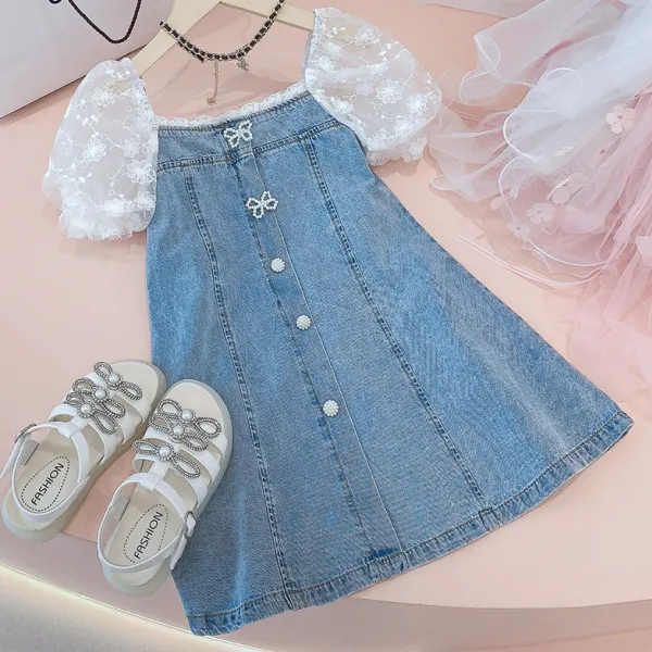 【2Y-11Y】Sweet Lace Puff Sleeve Denim Dress - Popopiearab.com 