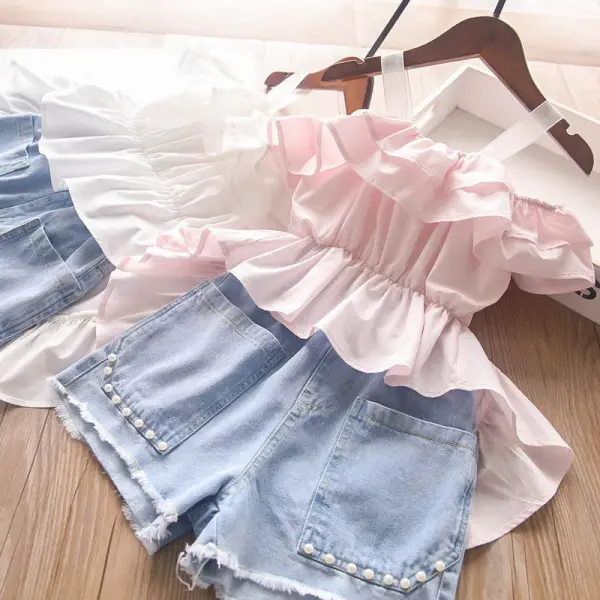 【2Y-9Y】Girls Sweet Camisole Dovetail Top Denim Shorts Suit - Popopiestyle.com 