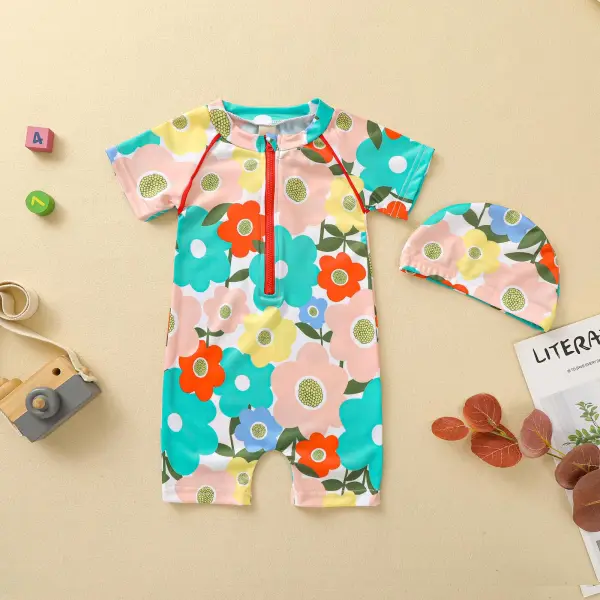 【12M-5Y】Girls Flower Pattern Short-sleeved One-piece Swimsuit - Popopiestyle.com 