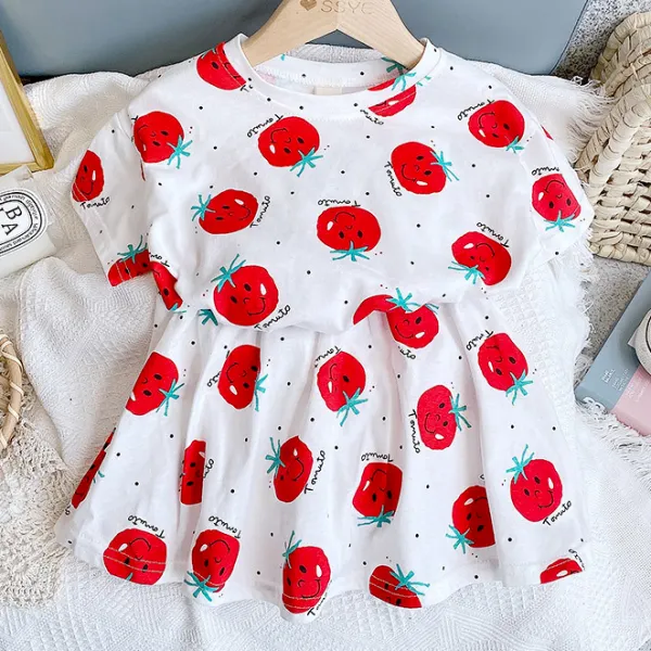 【2Y-9Y】Sweet Cartoon Fruit Print T-shirt Skirt Set - Popopiestyle.com 