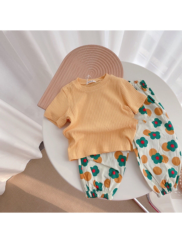 【12M-7Y】Girls' Round Neck Short-sleeved Top With Two-piece Anti-mosquito Pants