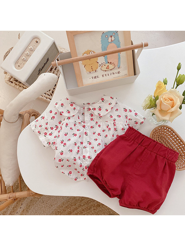 【12M-7Y】Girls Doll Collar Floral Short-sleeved Shirt With Shorts Two-piece Suit