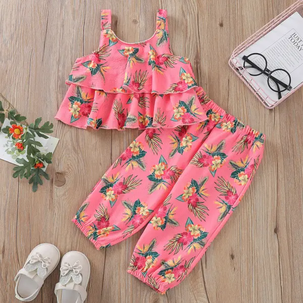 【2Y-9Y】Sweet Floral Print Suspender Top and Pants Set - Popopiestyle.com 