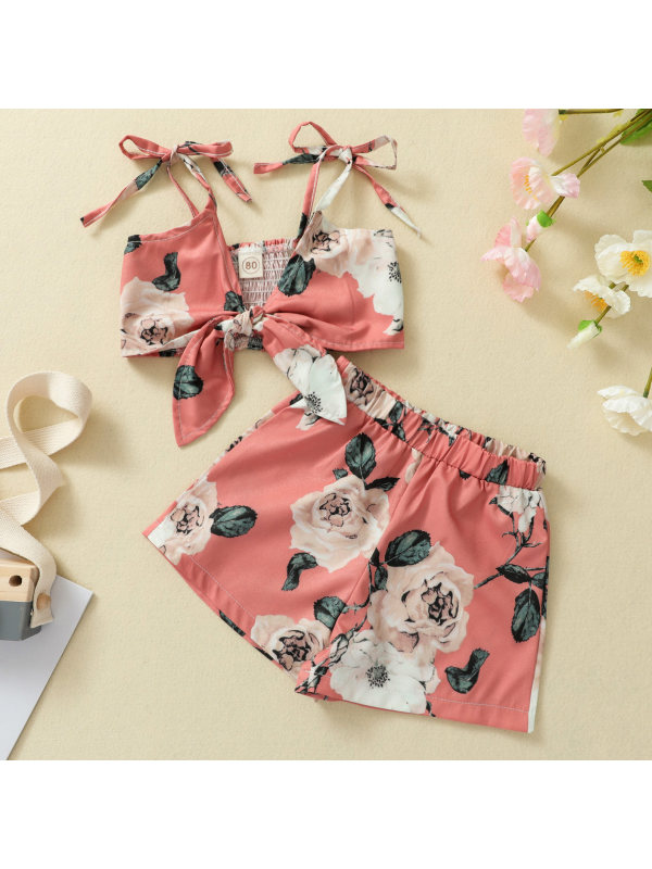 【12M-5Y】Sweet Floral Print Pink Sling Top and Shorts Set