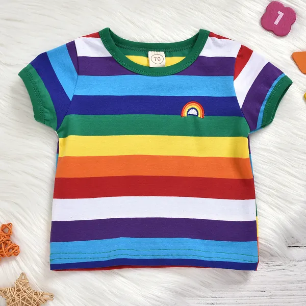 【6M-4Y】Cute Rainbow Embroidered Striped T-shirt - Popopiestyle.com 