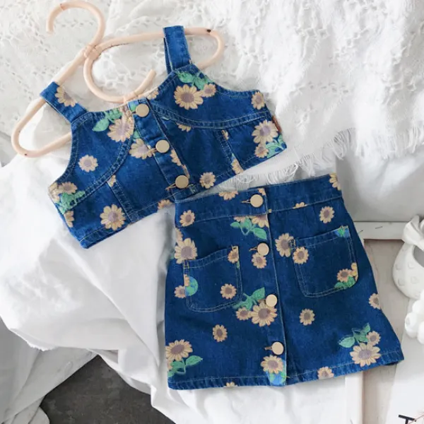 【2Y-11Y】Sweet Flower Print Blue Denim Set - Popopiestyle.com 