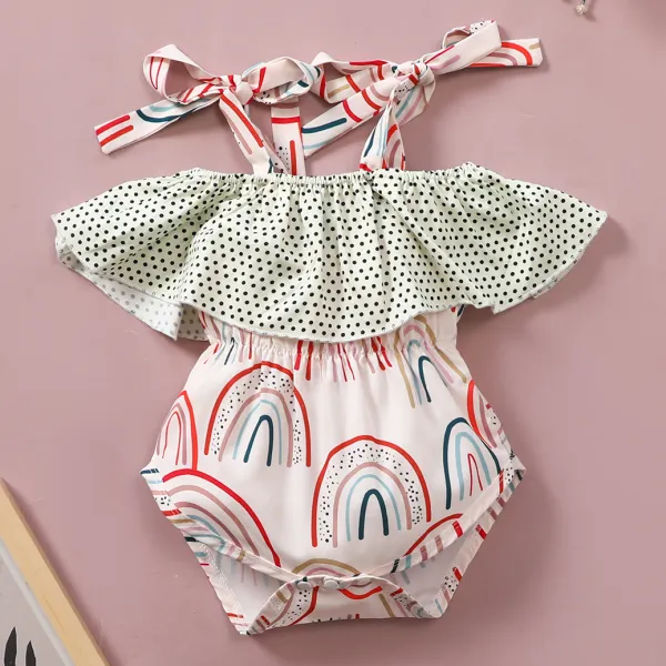 【6M-3Y】Cute Rainbow and Polka Dot Print Lotus Leaf Collar Romper - Popopiestyle.com 