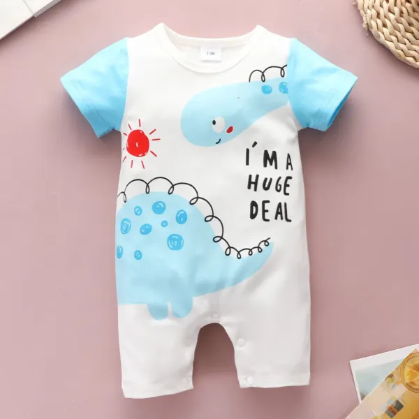 【0M-18M】Cute Cartoon Dinosaur and Letter Printed Blue Romper - Popopiestyle.com 