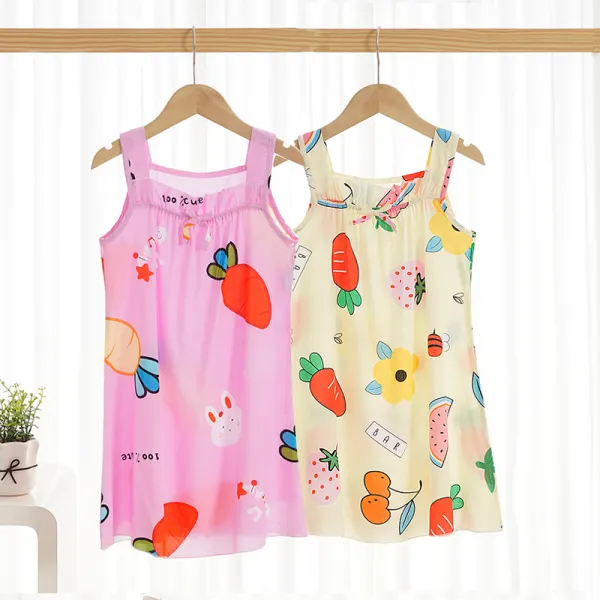 【2Y-13Y】Girls Summer Print Casual Dress Cute Round Neck Lace Skirt - Popopiestyle.com 