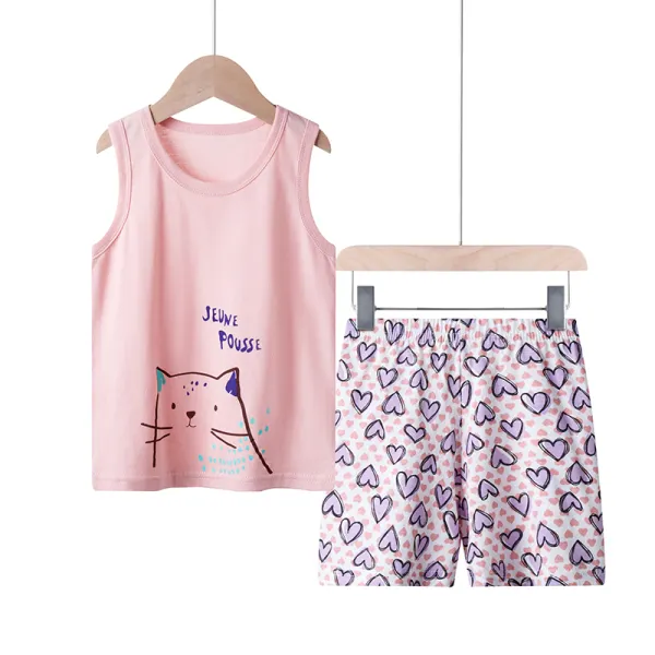 【18M-9Y】Girls Summer Cotton Short-sleeved Pants Suit Home Service Cartoon Two-piece Suit - Popopiestyle.com 