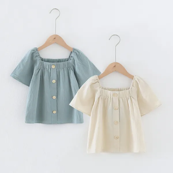 【4Y-15Y】Girls' Square Neck Short Sleeve Top - Popopiestyle.com 