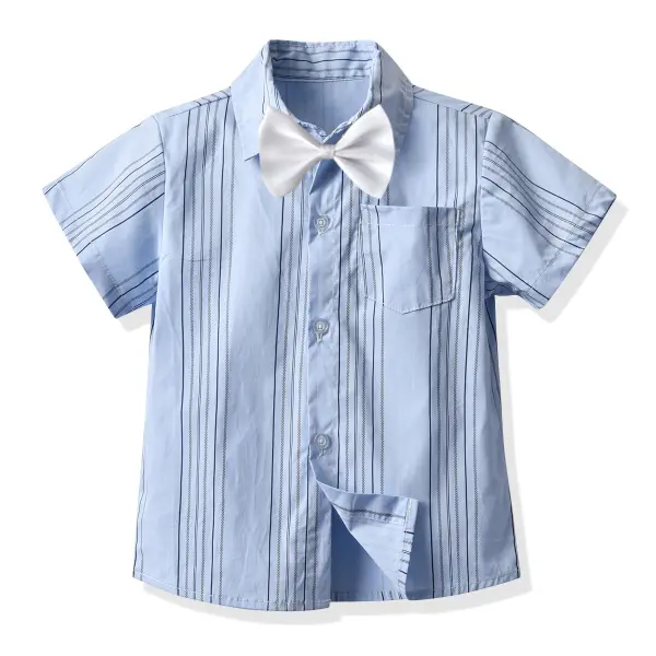 【12M-7Y】Boys Short-sleeved Lapel Striped Bow Tie Button Shirt - Popopiestyle.com 