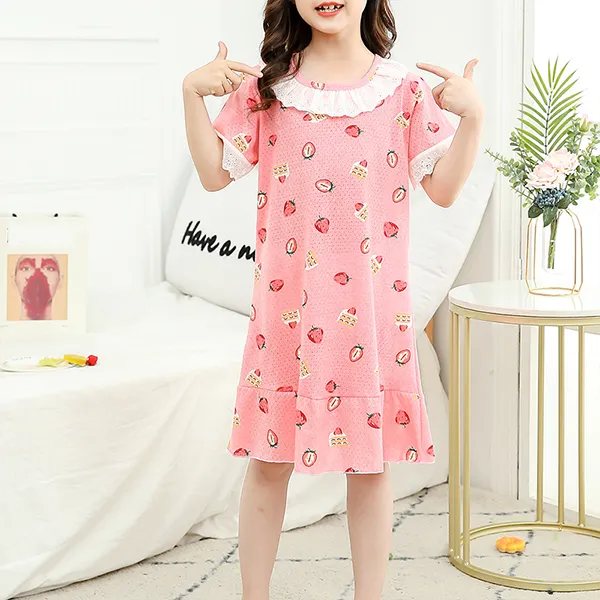 【2Y-13Y】Girls Summer Round Neck Lace Cartoon Dress - Popopiestyle.com 