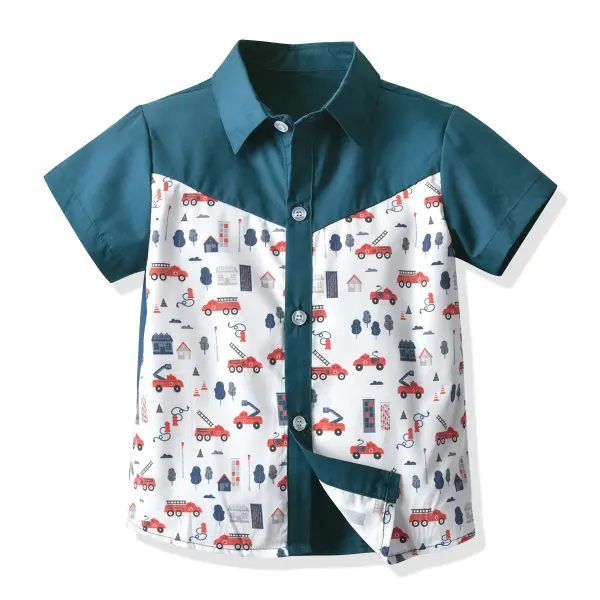 【12M-7Y】Boys Lapel Printed Cartoon Car Short Sleeve Shirt - Popopiestyle.com 