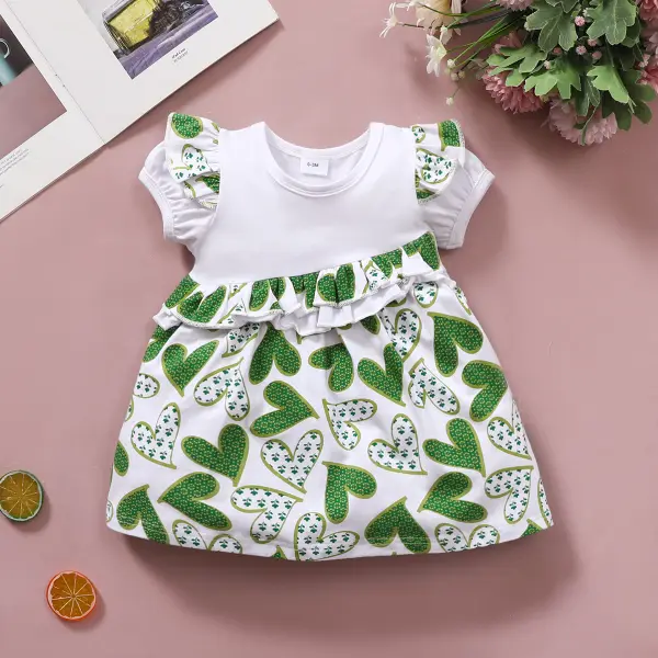 【6M-4Y】Baby Girl Lace Short-sleeved Elastic Oblique Waist Love Print Dress - Popopiestyle.com 