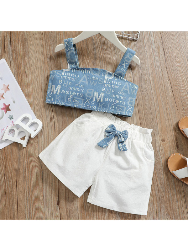 【18M-7Y】Girls Sweet Letters Pattern Denim Top and Shorts Set