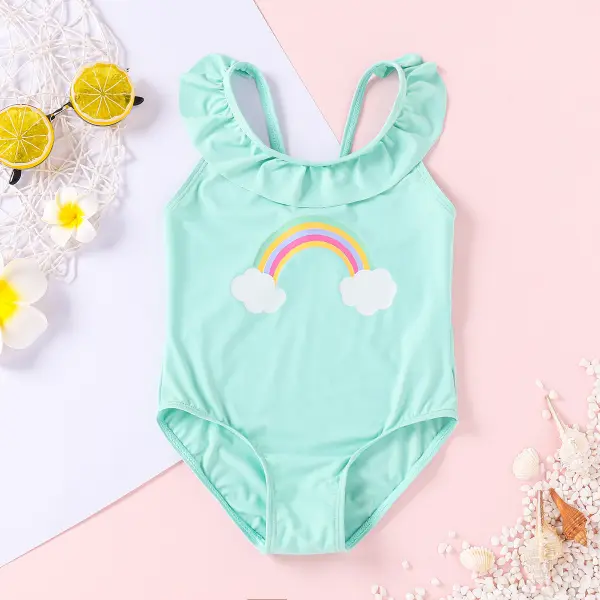 【3M-3Y】Girls Ruffled Bare-back Rainbow Print One-piece Swimsuit - Popopiestyle.com 