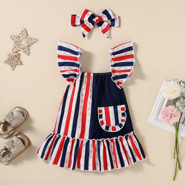 【3M-24M】Girls Striped Contrast Sleeveless Dress with Headband - Popopiestyle.com 