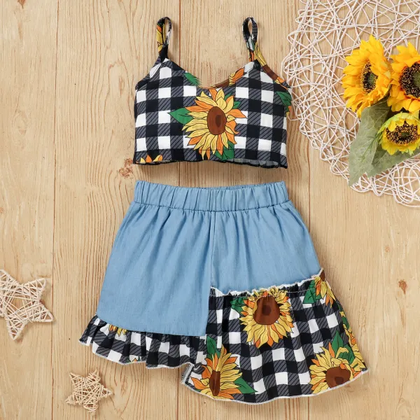 【18M-7Y】Girls Plaid Sunflower Print Camisole Top Irregular Skirt Set - Popopiestyle.com 