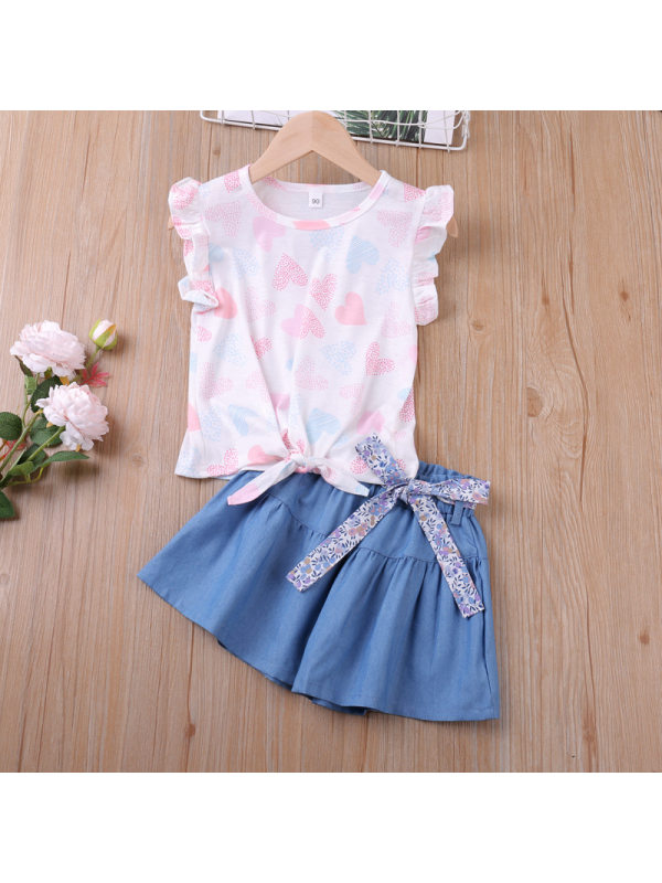 【18M-7Y】Girl Short Sleeve Print Top Solid Color Shorts Two-piece Suit