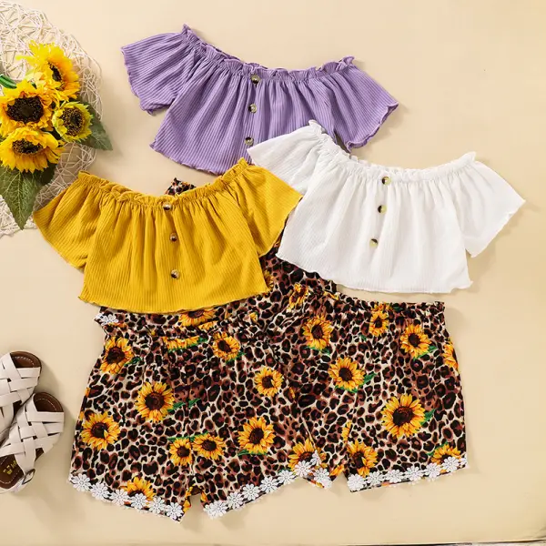 【18M-7Y】Girls' One-shoulder Short-sleeved Top With Sunflower Leopard Print Shorts Suit - Popopiestyle.com 