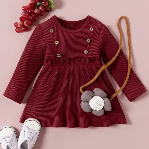 【6M-3Y】Cute Pure Color Round Neck Long Sleeve Dress - Popopiestyle.com 