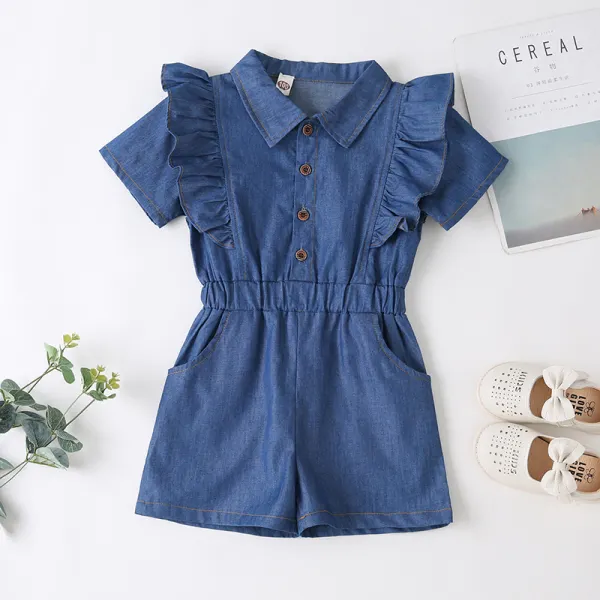 【18M-7Y】Girls' Lapel Short-sleeved Denim Jumpsuit - Popopiestyle.com 