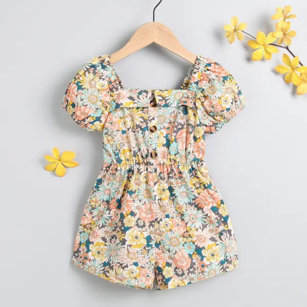 【18M-7Y】Girls Square Neck Puff Sleeve Button Sun Flower Five-point Jumpsuit - Popopiestyle.com 