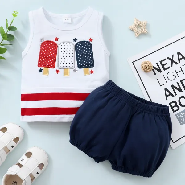 【0M-18M】Cute Ice Cream Embroidered Sleeveless Top and Shorts Set - Popopiestyle.com 